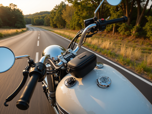 多辆摩托车组成的骑行队伍，公路上行驶，蓝天白云背景，团队骑行活动
