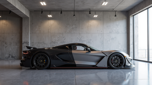 运动型摩托车，流线型车身设计，金属质感，黑色配红色装饰条纹，侧面视角，专业赛车装备