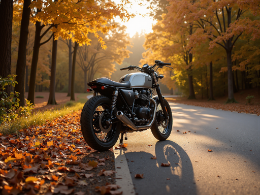 夕阳下的摩托车剪影，海边公路，金色光线，浪漫骑行氛围